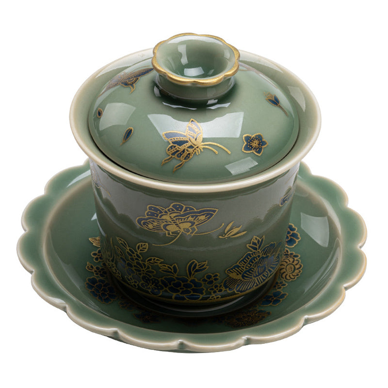 Buddha Stones Zielona Porcelana Motyl Kwiat Łosoś Ceramiczny Gaiwan Sancai Filiżanka Kung Fu Filiżanka I Spodek Z Pokrywką