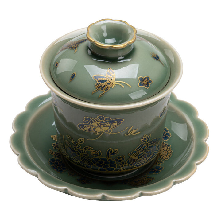 Buddha Stones Zielona Porcelana Motyl Kwiat Łosoś Ceramiczny Gaiwan Sancai Filiżanka Kung Fu Filiżanka I Spodek Z Pokrywką