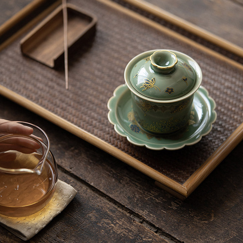 Buddha Stones Zielona Porcelana Motyl Kwiat Łosoś Ceramiczny Gaiwan Sancai Filiżanka Kung Fu Filiżanka I Spodek Z Pokrywką