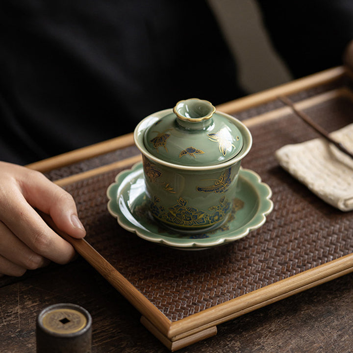 Buddha Stones Zielona Porcelana Motyl Kwiat Łosoś Ceramiczny Gaiwan Sancai Filiżanka Kung Fu Filiżanka I Spodek Z Pokrywką