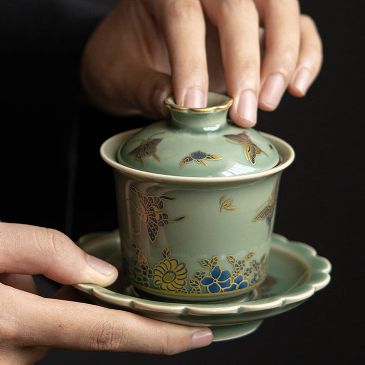 Buddha Stones Zielona Porcelana Motyl Kwiat Łosoś Ceramiczny Gaiwan Sancai Filiżanka Kung Fu Filiżanka I Spodek Z Pokrywką