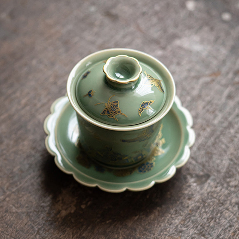 Buddha Stones Zielona Porcelana Motyl Kwiat Łosoś Ceramiczny Gaiwan Sancai Filiżanka Kung Fu Filiżanka I Spodek Z Pokrywką