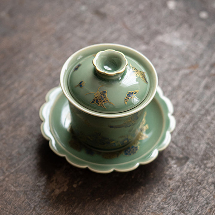 Buddha Stones Zielona Porcelana Motyl Kwiat Łosoś Ceramiczny Gaiwan Sancai Filiżanka Kung Fu Filiżanka I Spodek Z Pokrywką