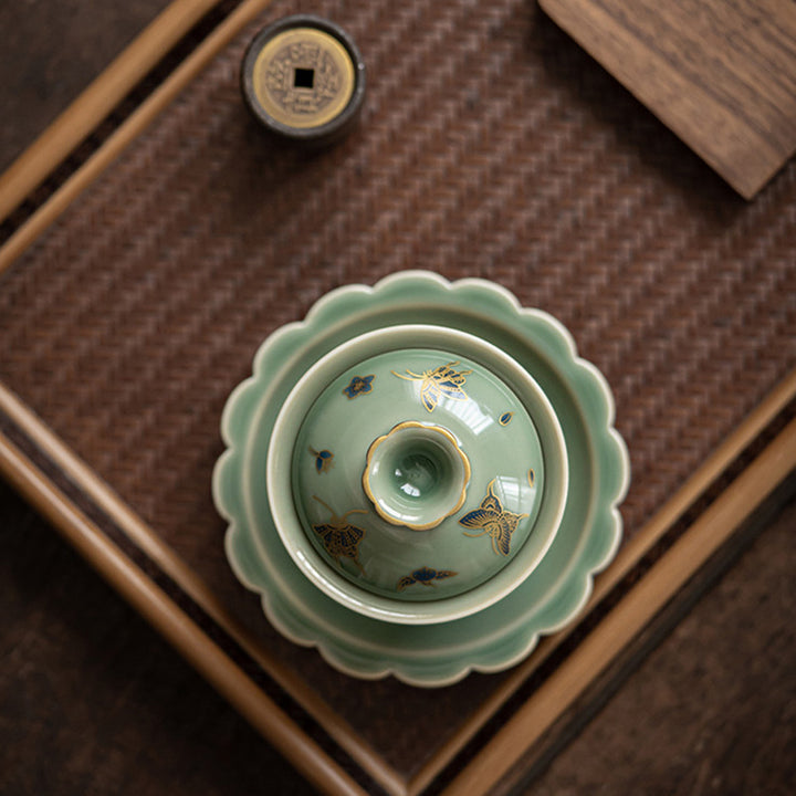 Buddha Stones Zielona Porcelana Motyl Kwiat Łosoś Ceramiczny Gaiwan Sancai Filiżanka Kung Fu Filiżanka I Spodek Z Pokrywką