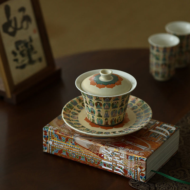 Buddha Stones Dunhuang Kolor Tysiąca Buddów Latających Apsaras Wzór Gaiwan Filiżanka Kung Fu Filiżanka Do Herbaty Z Pokrywką