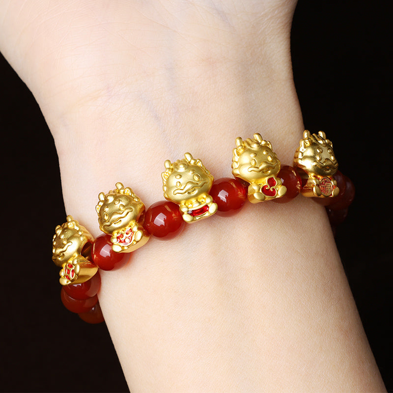 Buddha Stones Rok Smoka Naturalny Czerwony Agat Miedziana Moneta Fu Charakter Bransoletka Ochronna