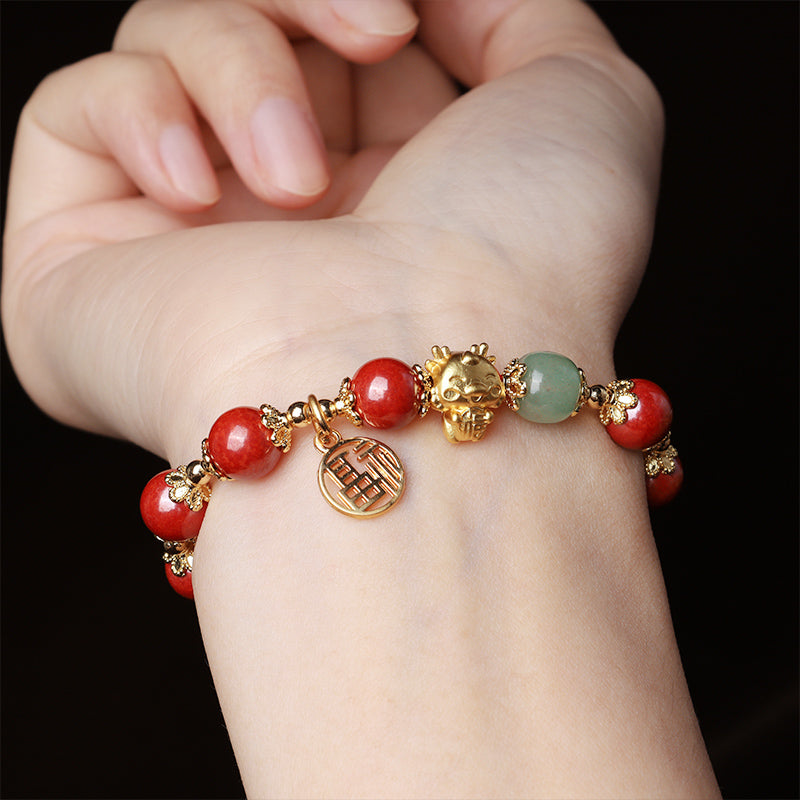 Buddha Stones Rok Smoka Naturalny Cynober Fu Charakter Charm Bransoletka Błogosławieństwo