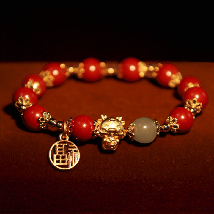 Buddha Stones Rok Smoka Naturalny Cynober Fu Charakter Charm Bransoletka Błogosławieństwo
