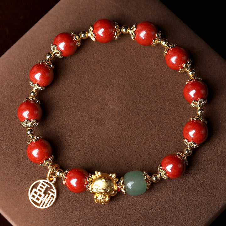 Buddha Stones Rok Smoka Naturalny Cynober Fu Charakter Charm Bransoletka Błogosławieństwo