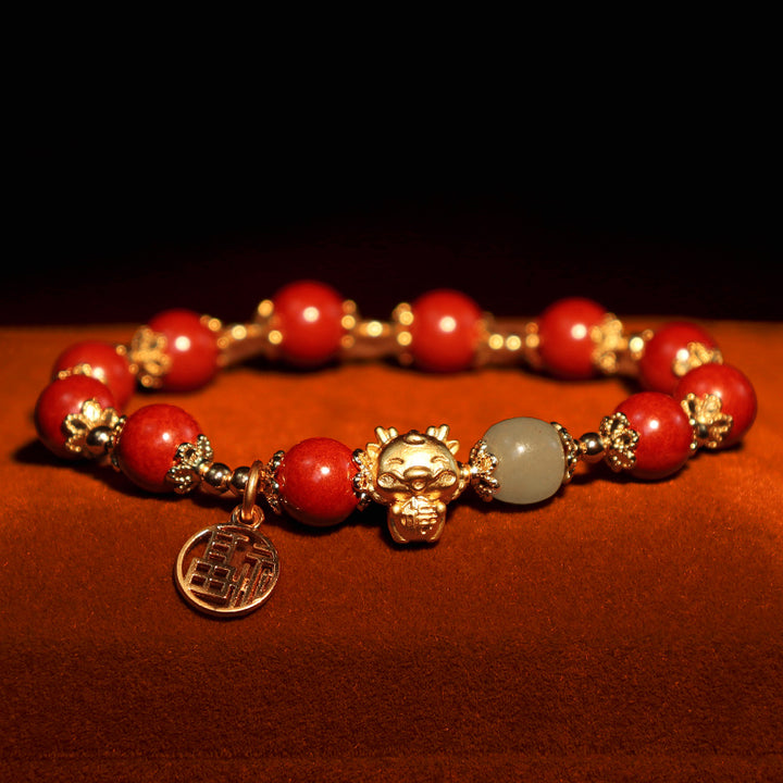 Buddha Stones Rok Smoka Naturalny Cynober Fu Charakter Charm Bransoletka Błogosławieństwo