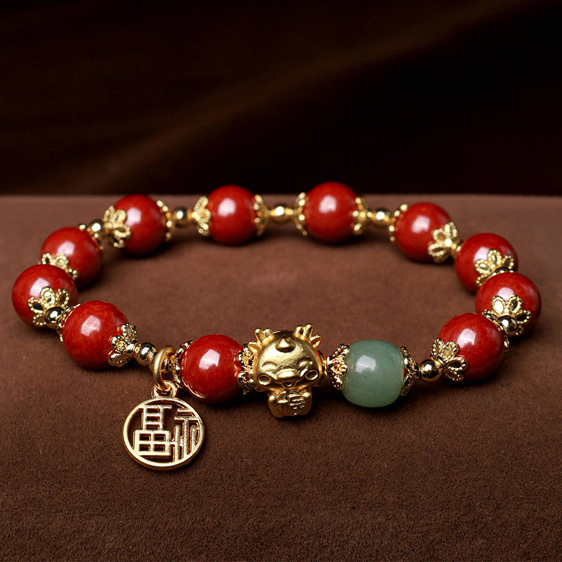 Buddha Stones Rok Smoka Naturalny Cynober Fu Charakter Charm Bransoletka Błogosławieństwo