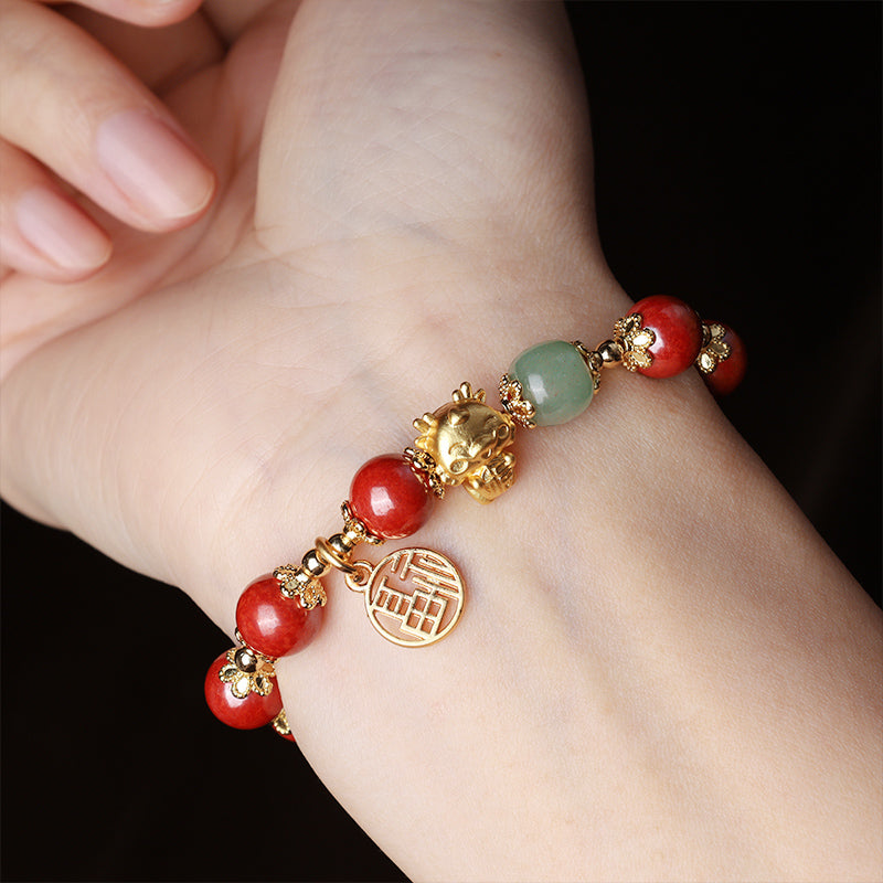 Buddha Stones Rok Smoka Naturalny Cynober Fu Charakter Charm Bransoletka Błogosławieństwo