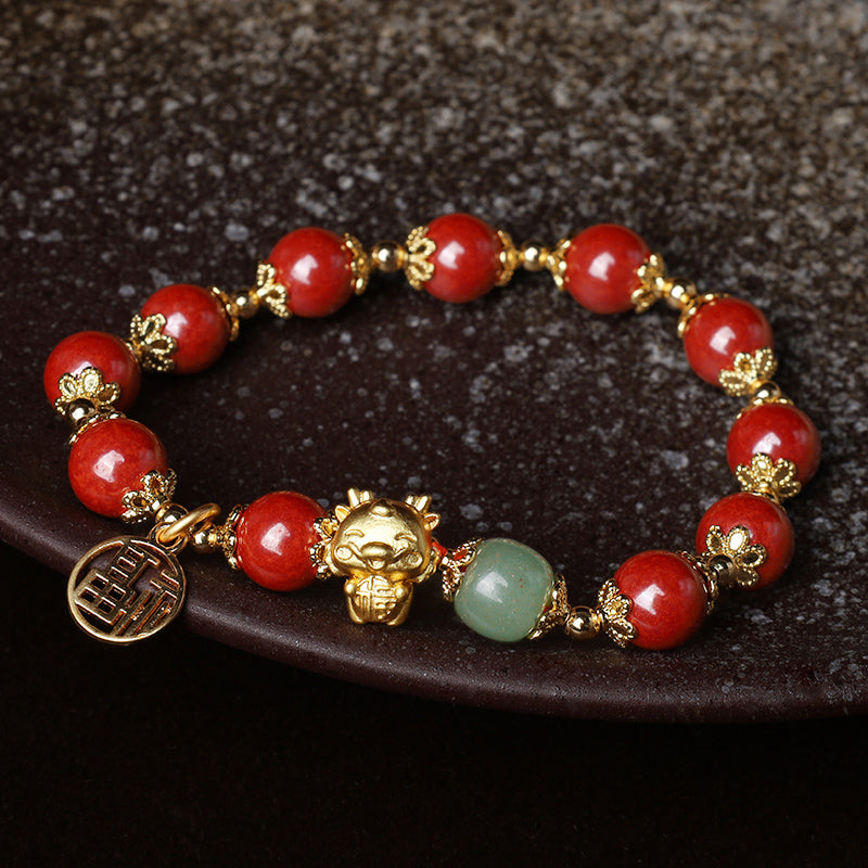 Buddha Stones Rok Smoka Naturalny Cynober Fu Charakter Charm Bransoletka Błogosławieństwo