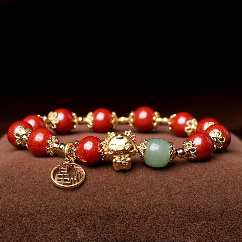 Buddha Stones Rok Smoka Naturalny Cynober Fu Charakter Charm Bransoletka Błogosławieństwo
