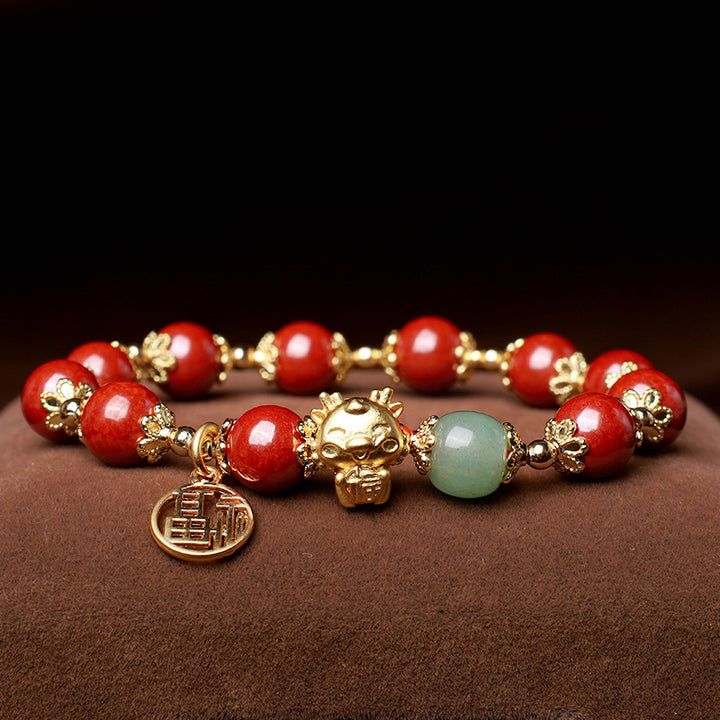 Buddha Stones Rok Smoka Naturalny Cynober Fu Charakter Charm Bransoletka Błogosławieństwo