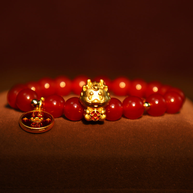 Buddha Stones Rok Smoka Naturalny Czerwony Agat Miedziana Moneta Przyciągaj Fortunę Bransoletka