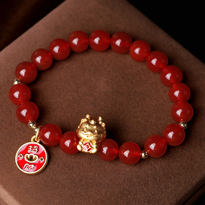 Buddha Stones Rok Smoka Naturalny Czerwony Agat Miedziana Moneta Przyciągaj Fortunę Bransoletka