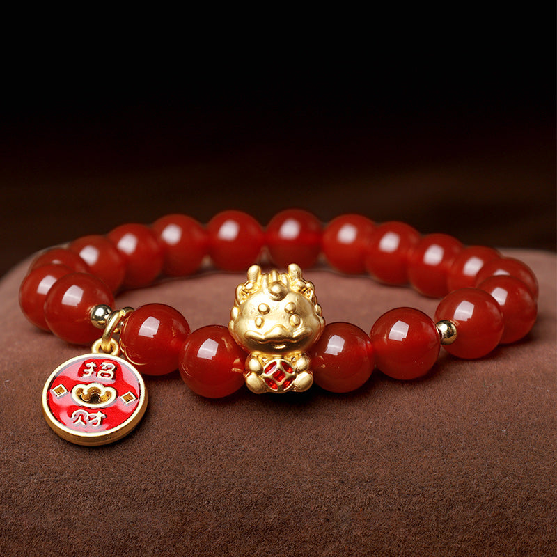 Buddha Stones Rok Smoka Naturalny Czerwony Agat Miedziana Moneta Przyciągaj Fortunę Bransoletka