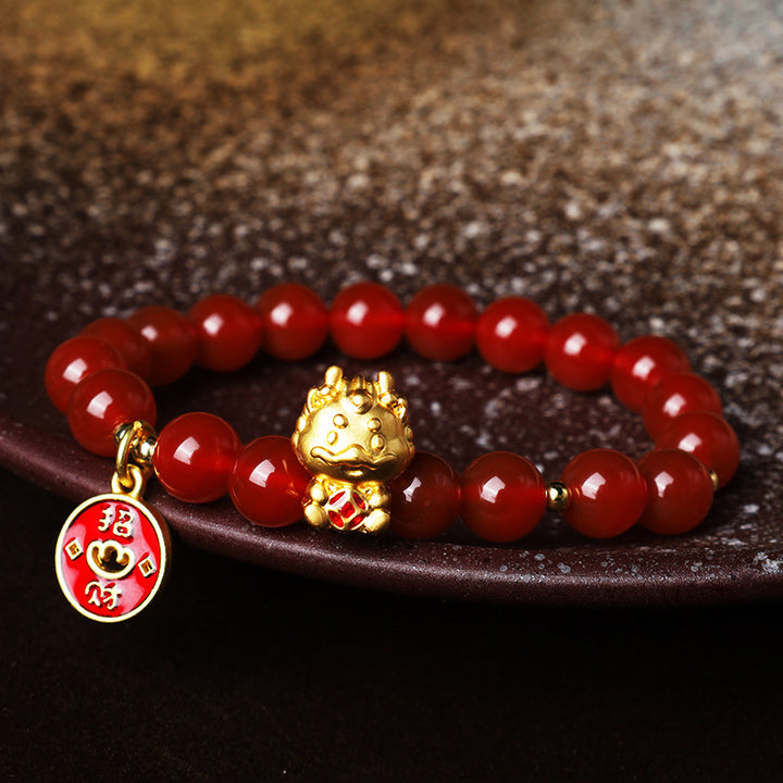Buddha Stones Rok Smoka Naturalny Czerwony Agat Miedziana Moneta Przyciągaj Fortunę Bransoletka