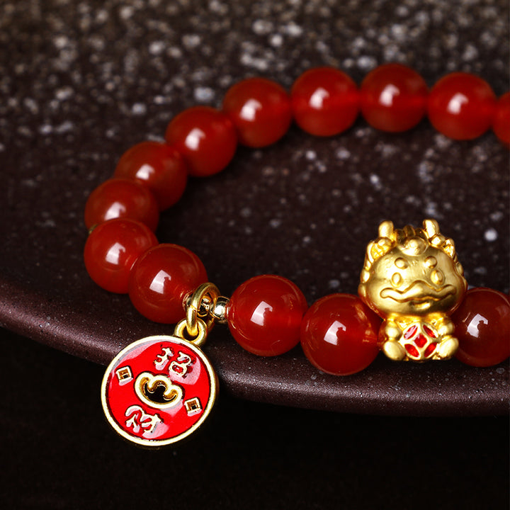 Buddha Stones Rok Smoka Naturalny Czerwony Agat Miedziana Moneta Przyciągaj Fortunę Bransoletka