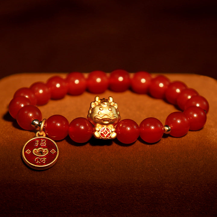 Buddha Stones Rok Smoka Naturalny Czerwony Agat Miedziana Moneta Przyciągaj Fortunę Bransoletka