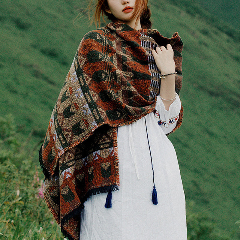 Buddha Stones Tybetański Szal Klasyczny Wzór Geometryczny Zimowy Przytulny Szal Podróżny Otulacz - Brązowy 210*65cm - image 0