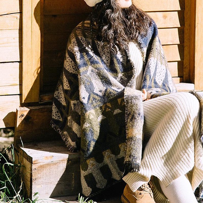 Buddha Stones Tybetański Szal Klasyczny Wzór Geometryczny Zimowy Przytulny Szal Podróżny Otulacz - Niebieski 210*65cm - image 12