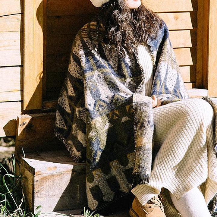 Buddha Stones Tybetański Szal Klasyczny Wzór Geometryczny Zimowy Przytulny Szal Podróżny Otulacz - Niebieski 210*65cm - image 12