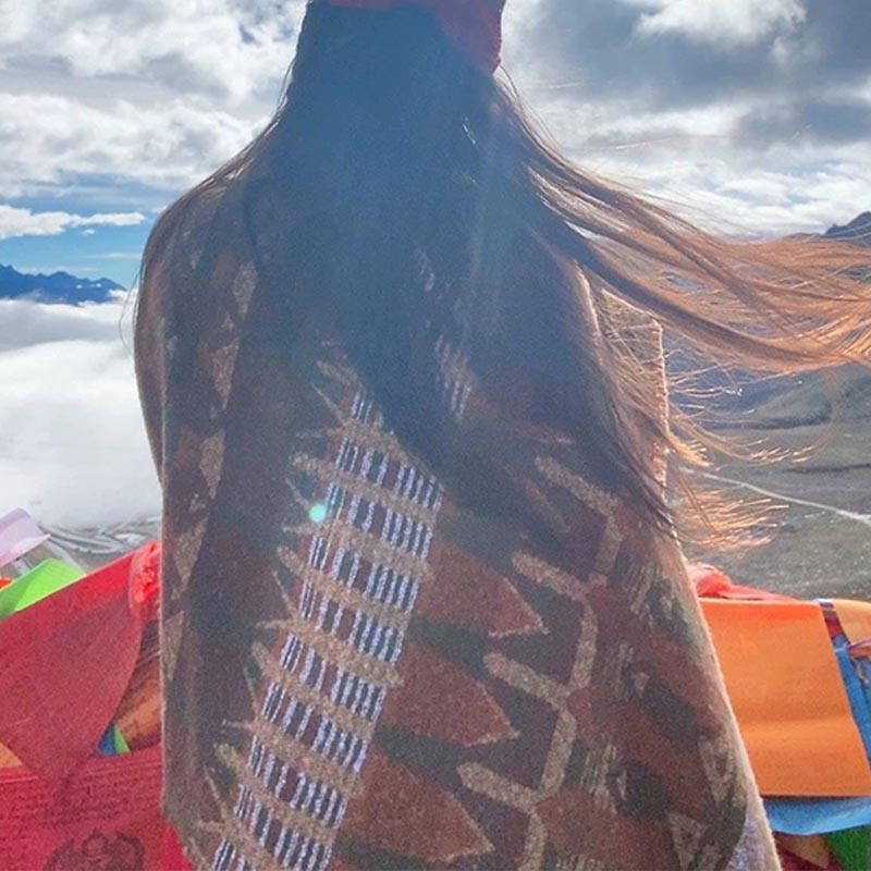 Buddha Stones Tybetański Szal Klasyczny Wzór Geometryczny Zimowy Przytulny Szal Podróżny Otulacz - image 10