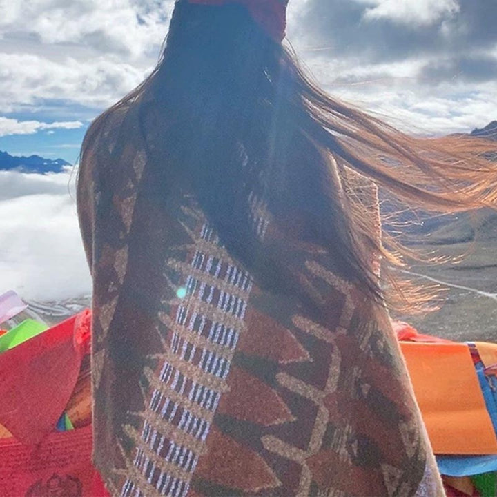 Buddha Stones Tybetański Szal Klasyczny Wzór Geometryczny Zimowy Przytulny Szal Podróżny Otulacz - image 10