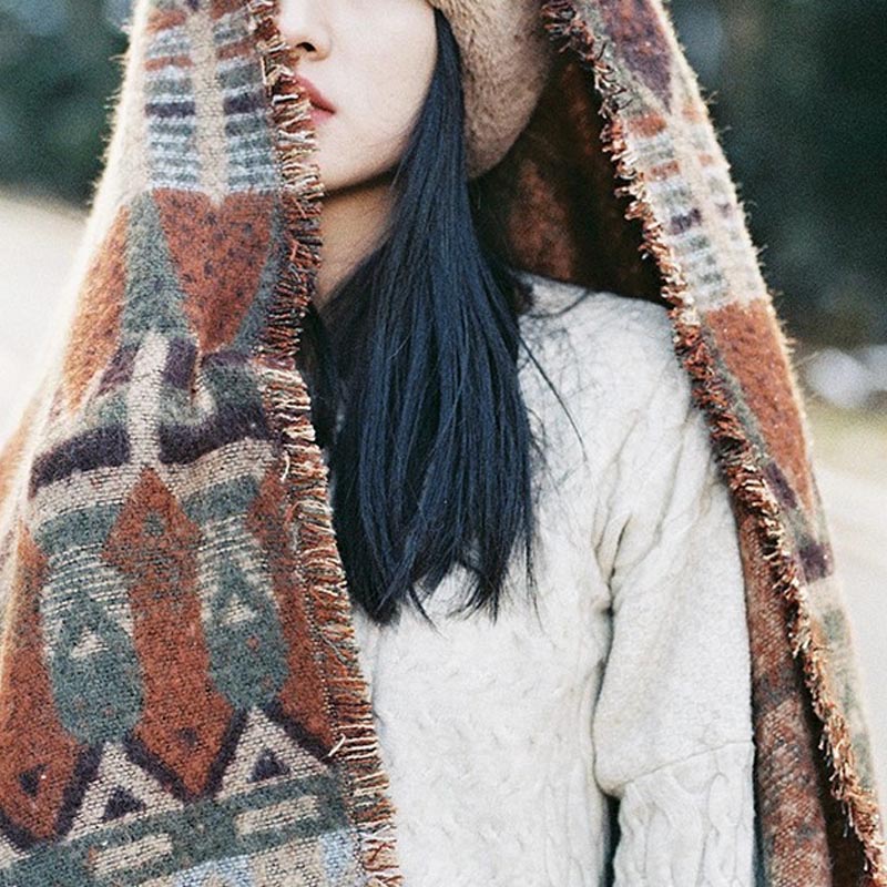 Buddha Stones Tybetański Szal Klasyczny Wzór Geometryczny Zimowy Przytulny Szal Podróżny Otulacz - image 5