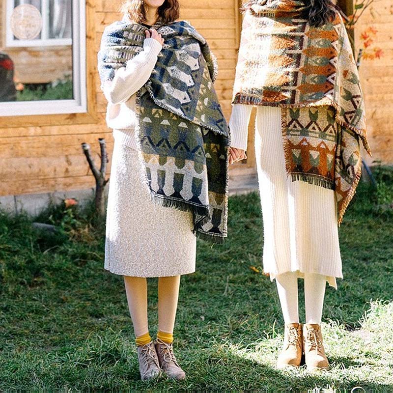 Buddha Stones Tybetański Szal Klasyczny Wzór Geometryczny Zimowy Przytulny Szal Podróżny Otulacz - image 1