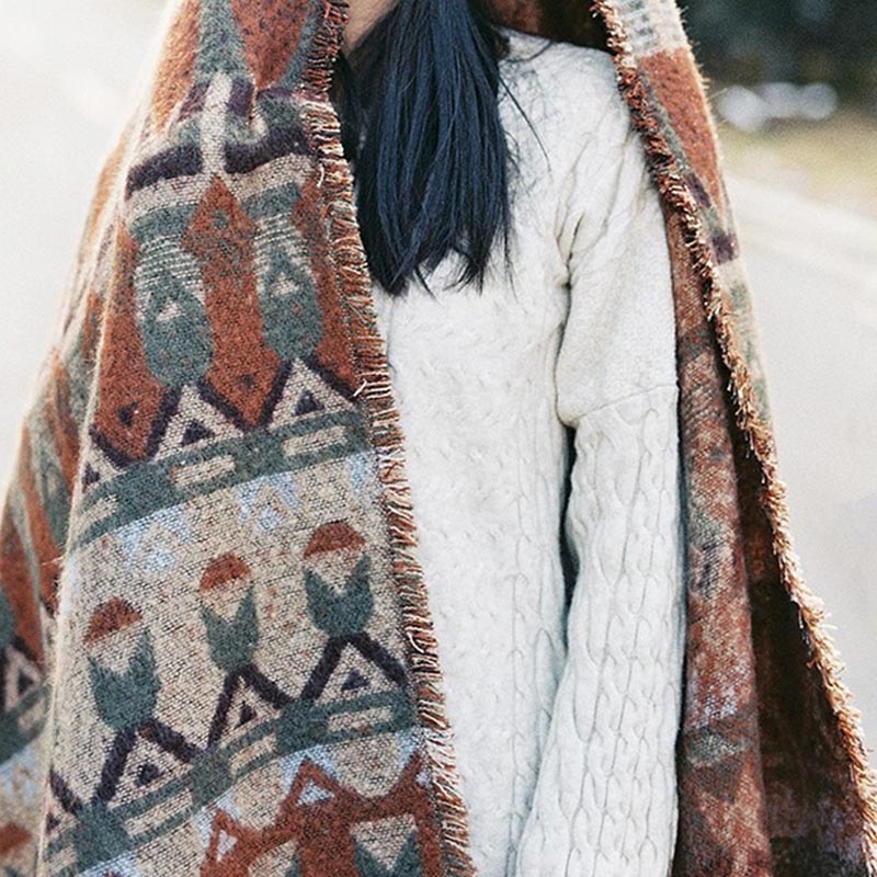 Buddha Stones Tybetański Szal Klasyczny Wzór Geometryczny Zimowy Przytulny Szal Podróżny Otulacz - image 7