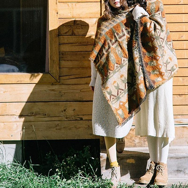 Buddha Stones Tybetański Szal Klasyczny Wzór Geometryczny Zimowy Przytulny Szal Podróżny Otulacz - image 11