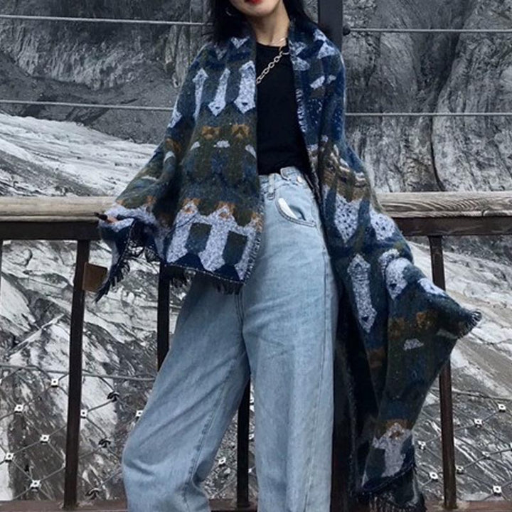 Buddha Stones Tybetański Szal Klasyczny Wzór Geometryczny Zimowy Przytulny Szal Podróżny Otulacz - image 13