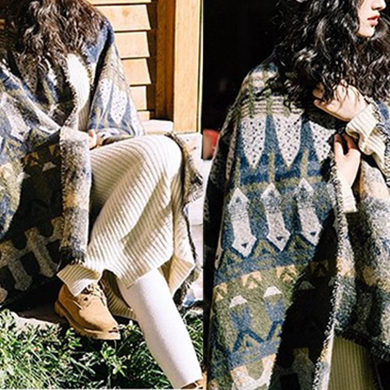 Buddha Stones Tybetański Szal Klasyczny Wzór Geometryczny Zimowy Przytulny Szal Podróżny Otulacz - image 17