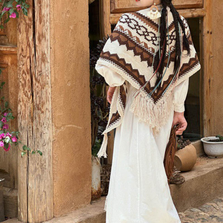 Buddha Stones Tybetański Prążkowany Brązowy Beżowy Chustka Z Frędzlami Zimowy Przytulny Szalik Podróżny Otulacz - 185*65 cm - image 0