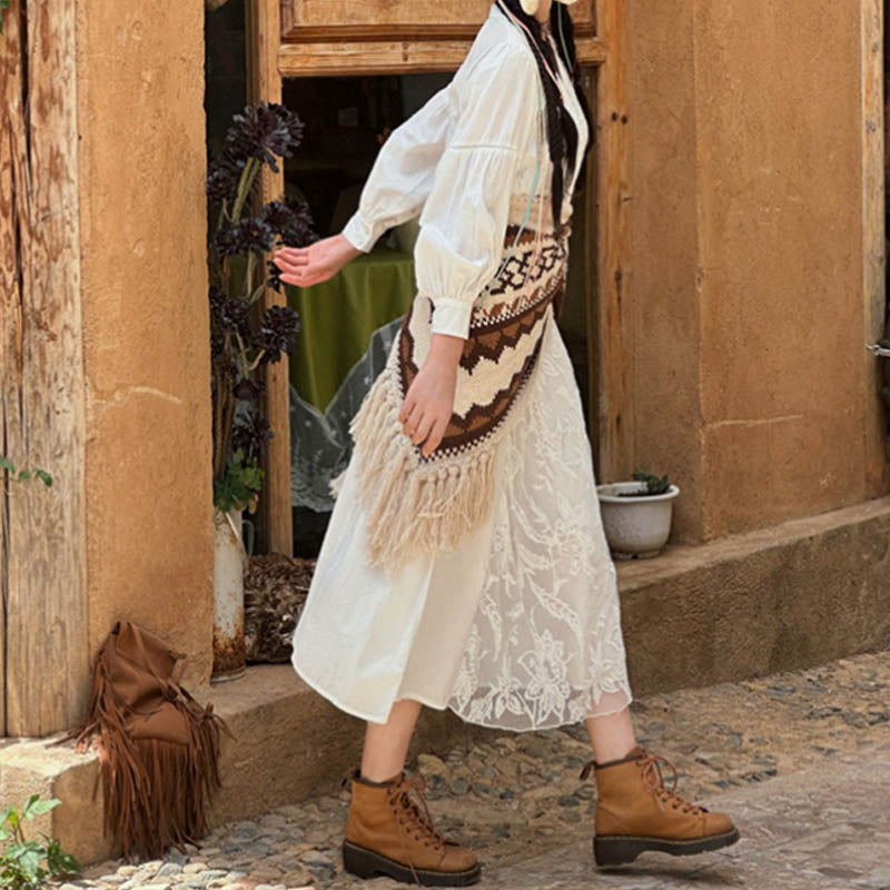 Buddha Stones Tybetański Prążkowany Brązowy Beżowy Chustka Z Frędzlami Zimowy Przytulny Szalik Podróżny Otulacz - image 6