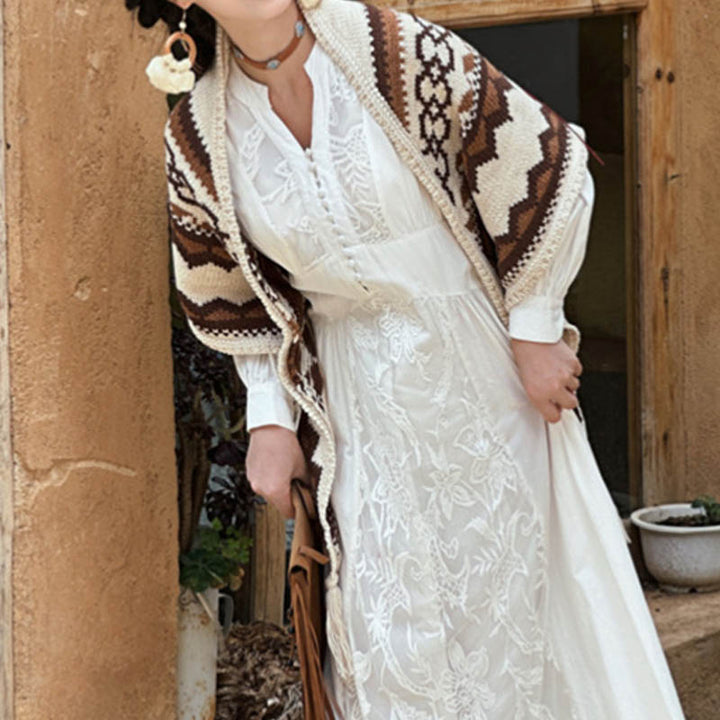 Buddha Stones Tybetański Prążkowany Brązowy Beżowy Chustka Z Frędzlami Zimowy Przytulny Szalik Podróżny Otulacz - image 10