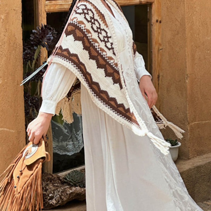 Buddha Stones Tybetański Prążkowany Brązowy Beżowy Chustka Z Frędzlami Zimowy Przytulny Szalik Podróżny Otulacz - image 2