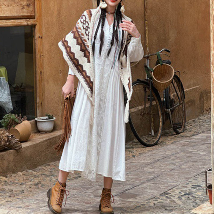 Buddha Stones Tybetański Prążkowany Brązowy Beżowy Chustka Z Frędzlami Zimowy Przytulny Szalik Podróżny Otulacz - image 9