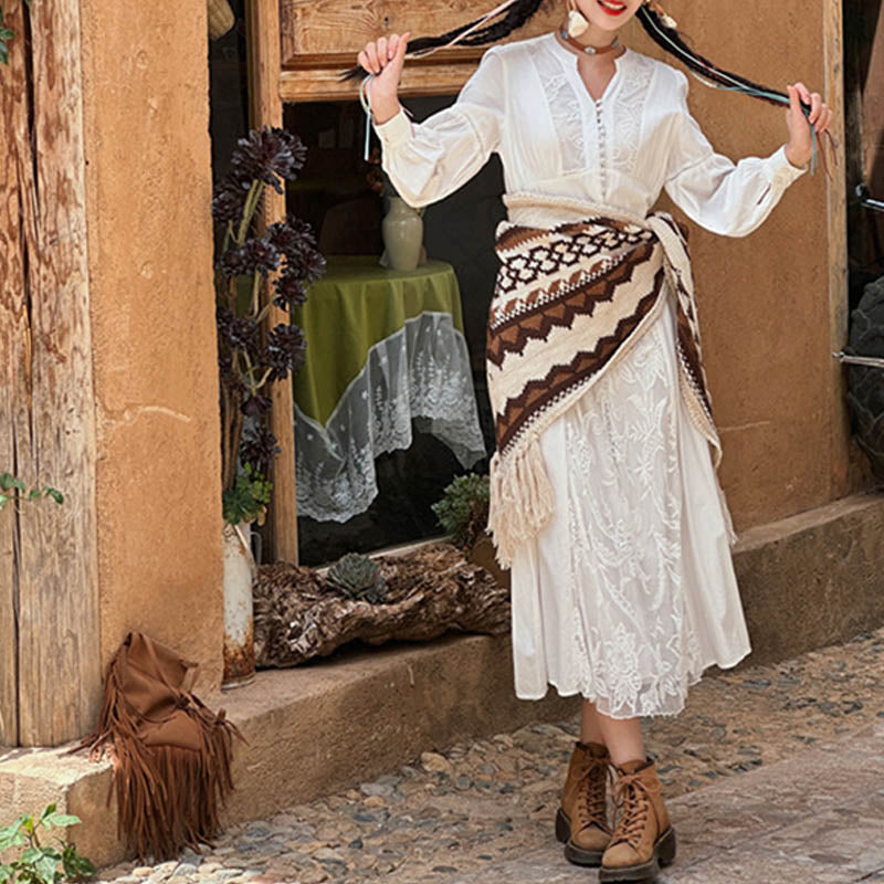 Buddha Stones Tybetański Prążkowany Brązowy Beżowy Chustka Z Frędzlami Zimowy Przytulny Szalik Podróżny Otulacz - image 7