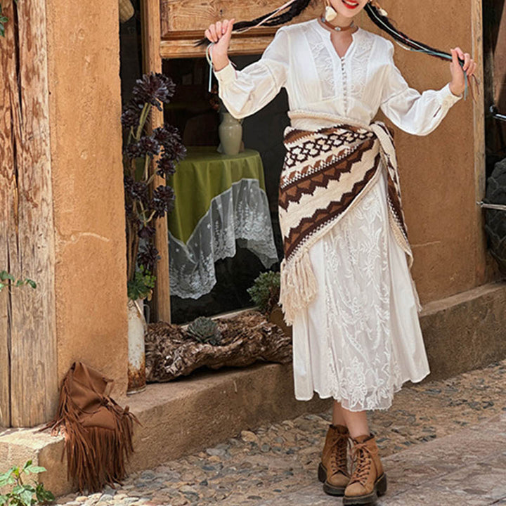 Buddha Stones Tybetański Prążkowany Brązowy Beżowy Chustka Z Frędzlami Zimowy Przytulny Szalik Podróżny Otulacz - image 7