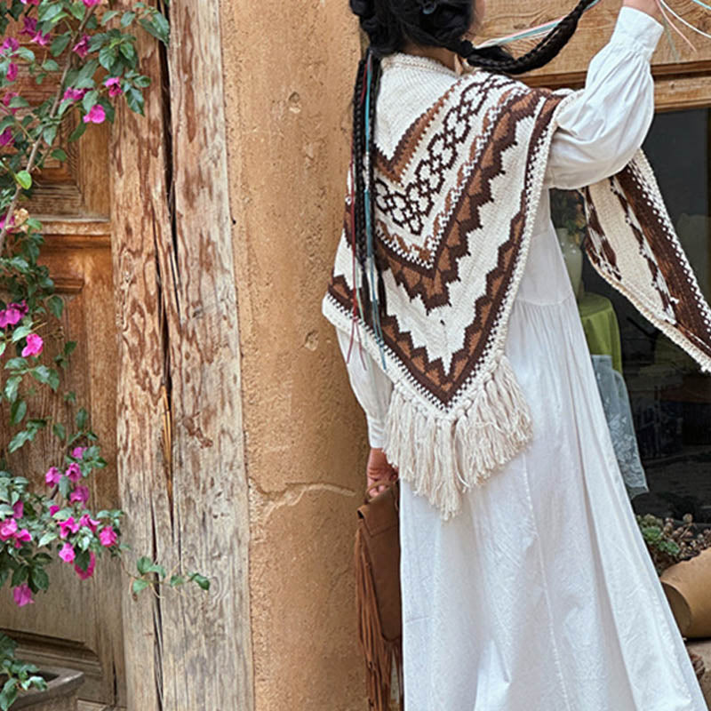 Buddha Stones Tybetański Prążkowany Brązowy Beżowy Chustka Z Frędzlami Zimowy Przytulny Szalik Podróżny Otulacz - image 11