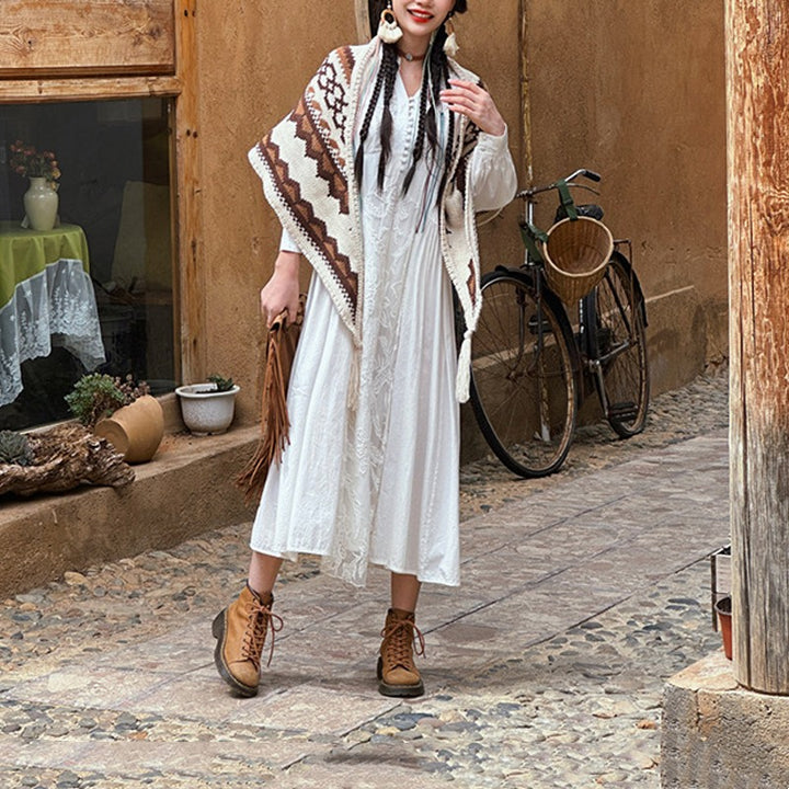 Buddha Stones Tybetański Prążkowany Brązowy Beżowy Chustka Z Frędzlami Zimowy Przytulny Szalik Podróżny Otulacz - image 12