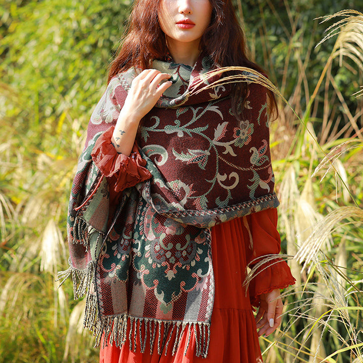 Buddha Stones Tybetańskie Kwiaty Liście Gałąź Projekt Chwost Chustka Przytulny Podróżny Szalik Otulacz - Ciemnoczerwony - image 0