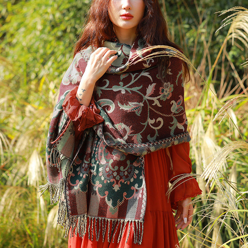 Buddha Stones Tybetańskie Kwiaty Liście Gałąź Projekt Chwost Chustka Przytulny Podróżny Szalik Otulacz - Ciemnoczerwony - image 0