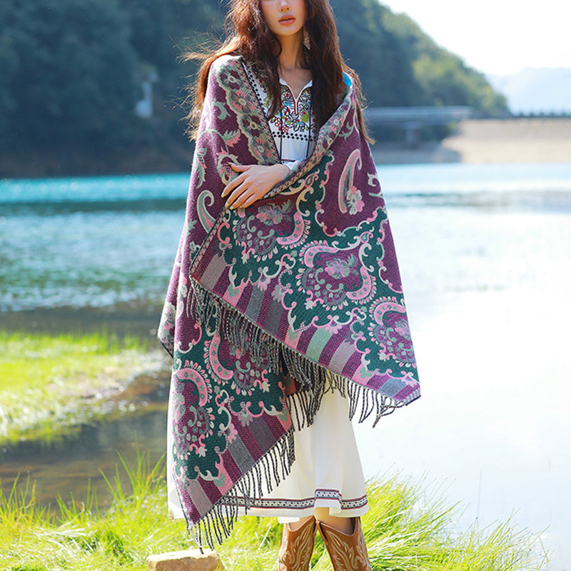 Buddha Stones Tybetańskie Kwiaty Liście Gałąź Projekt Chwost Chustka Przytulny Podróżny Szalik Otulacz - Fioletowy - image 10