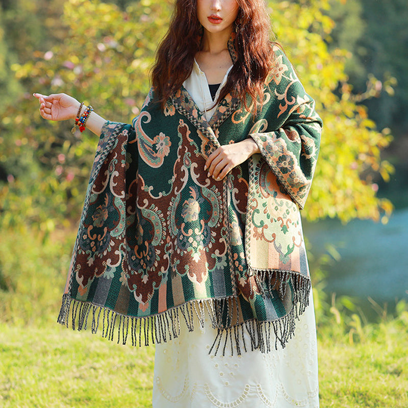 Buddha Stones Tybetańskie Kwiaty Liście Gałąź Projekt Chwost Chustka Przytulny Podróżny Szalik Otulacz - Ciemnozielony - image 21