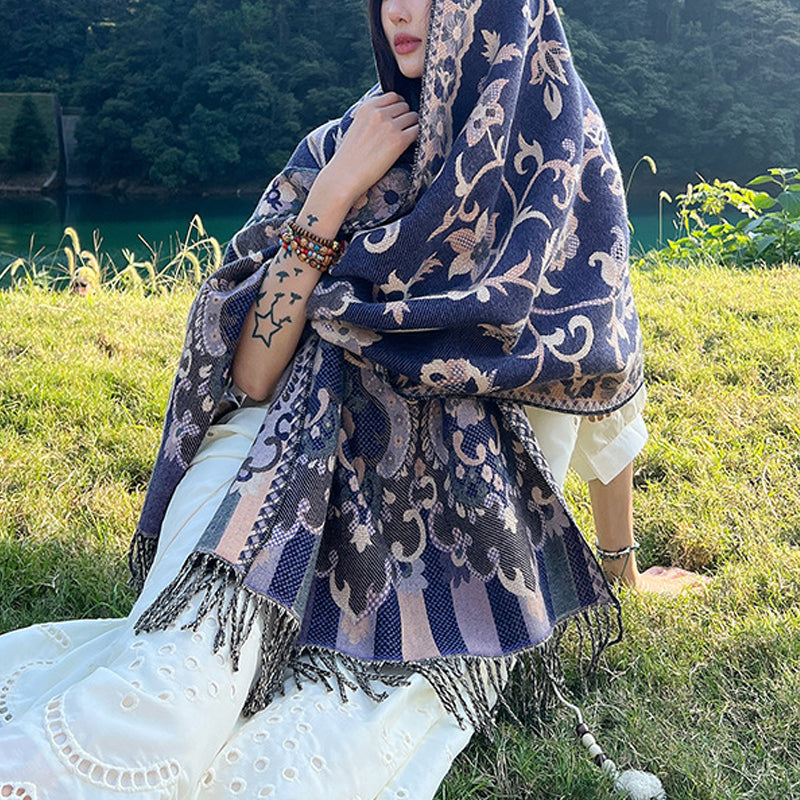 Buddha Stones Tybetańskie Kwiaty Liście Gałąź Projekt Chwost Chustka Przytulny Podróżny Szalik Otulacz - Granatowy - image 31